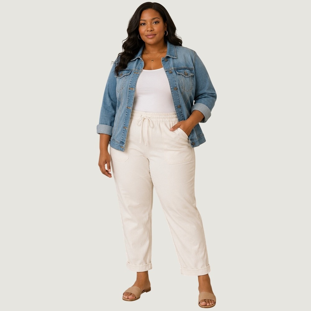 J.Crew Womens 2X Cream White Cotton Pull On Tapered Pants Drawstring High Rise